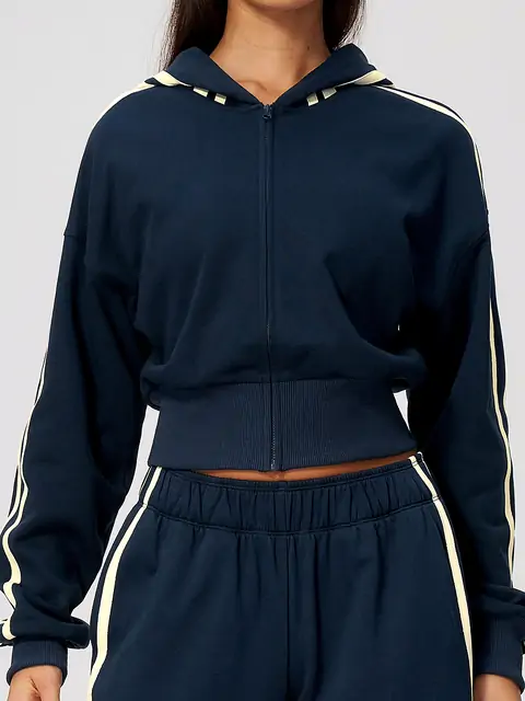 Contrast-Stripe Cropped Zip Hoodie in Midnight Blue — front view
