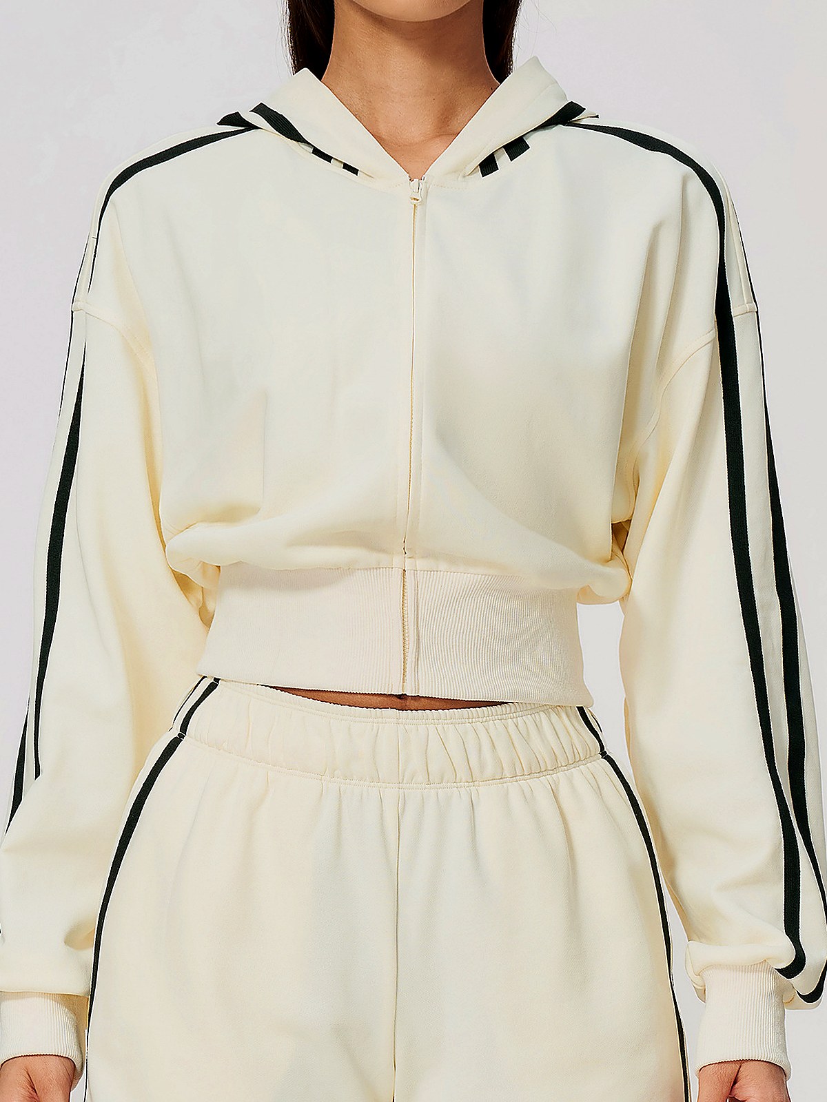 Contrast-Stripe Cropped Zip Hoodie