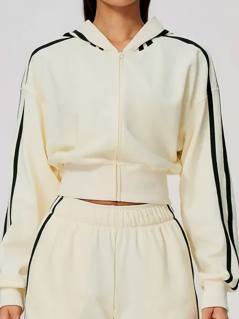 Contrast-Stripe Cropped Zip Hoodie in Oat Apricot — front view