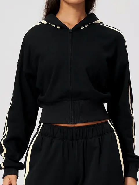 Contrast-Stripe Cropped Zip Hoodie in Premium Black — front view