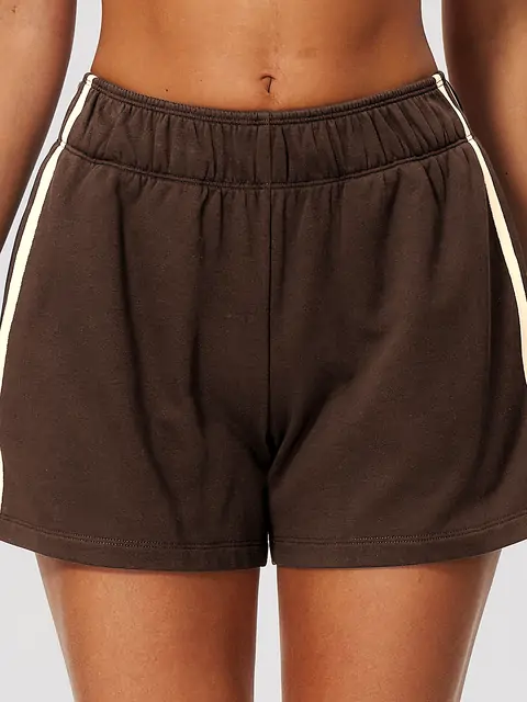 Contrast-Stripe Fleece Training Shorts in Dark Chocolate — front view