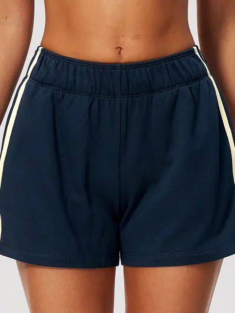 Contrast-Stripe Fleece Training Shorts in Midnight Blue — front view