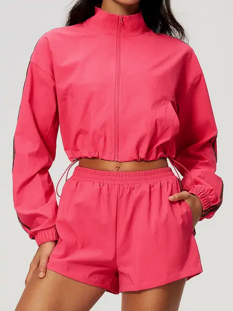 Contrast-Stripe Stand-Collar Jacket Shorts Set in Cherry Red — front view