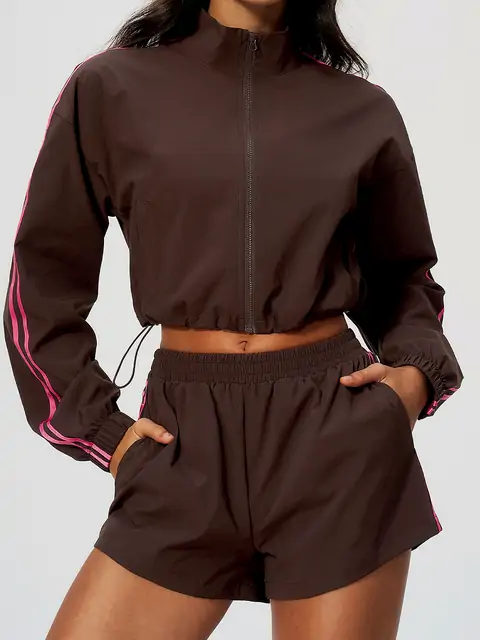 Contrast-Stripe Stand-Collar Jacket Shorts Set in Dark Chocolate — front view