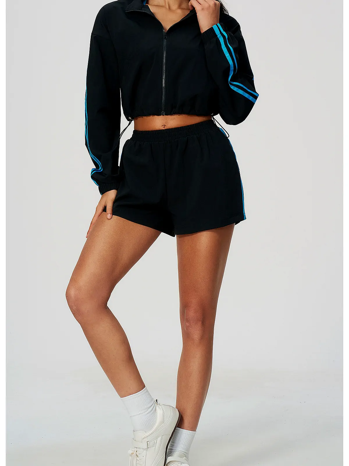 Contrast-Stripe Stand-Collar Jacket Shorts Set — back seam construction