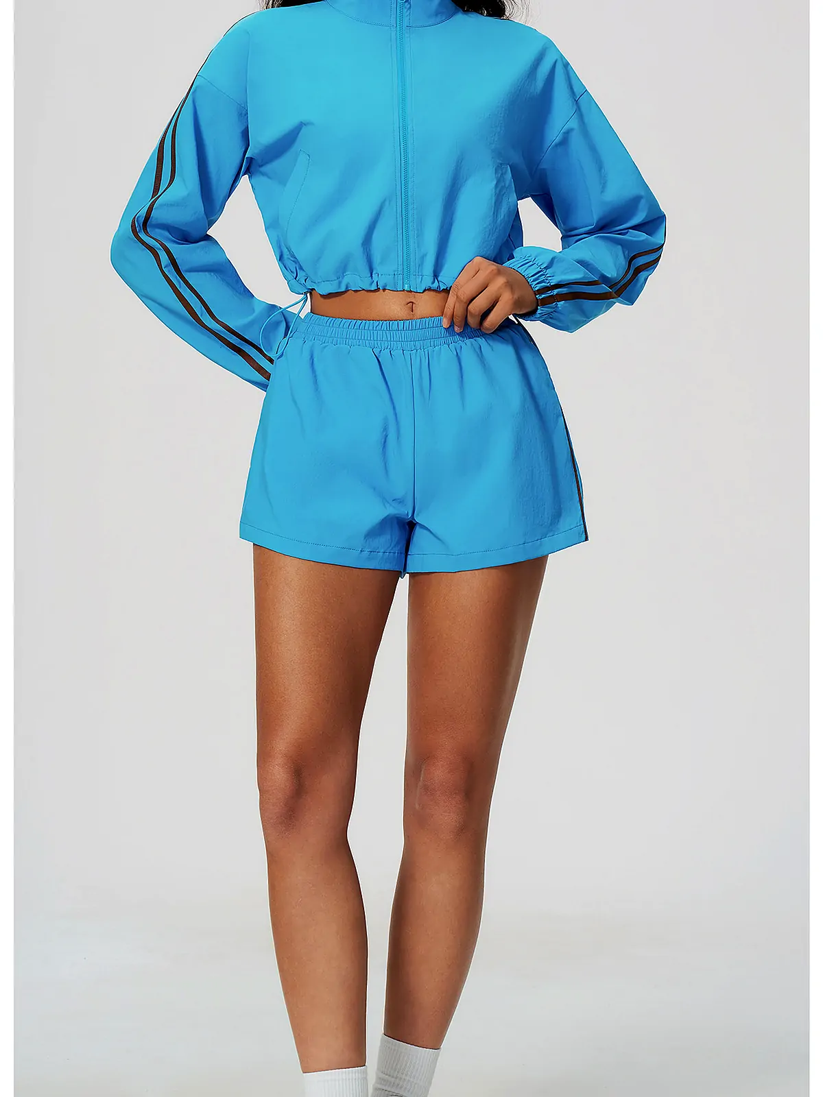 Contrast-Stripe Stand-Collar Jacket Shorts Set — flatlock seam detail