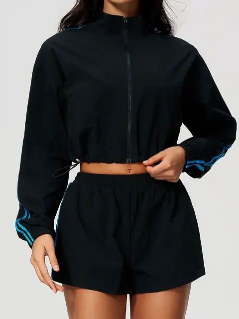 Contrast-Stripe Stand-Collar Jacket Shorts Set in Premium Black — front view