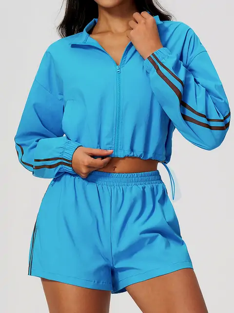 Contrast-Stripe Stand-Collar Jacket Shorts Set in Sky Blue — front view
