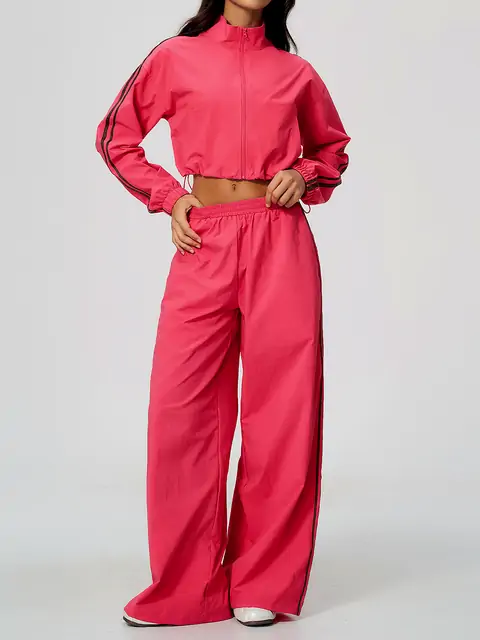 Contrast-Stripe Stand-Collar Wide-Leg Set in Cherry Red — front view
