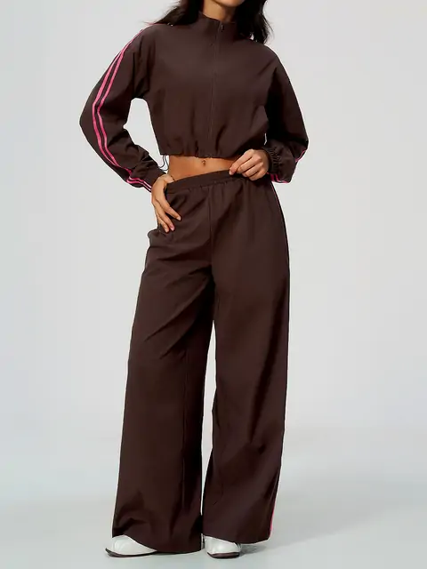 Contrast-Stripe Stand-Collar Wide-Leg Set in Dark Chocolate — front view