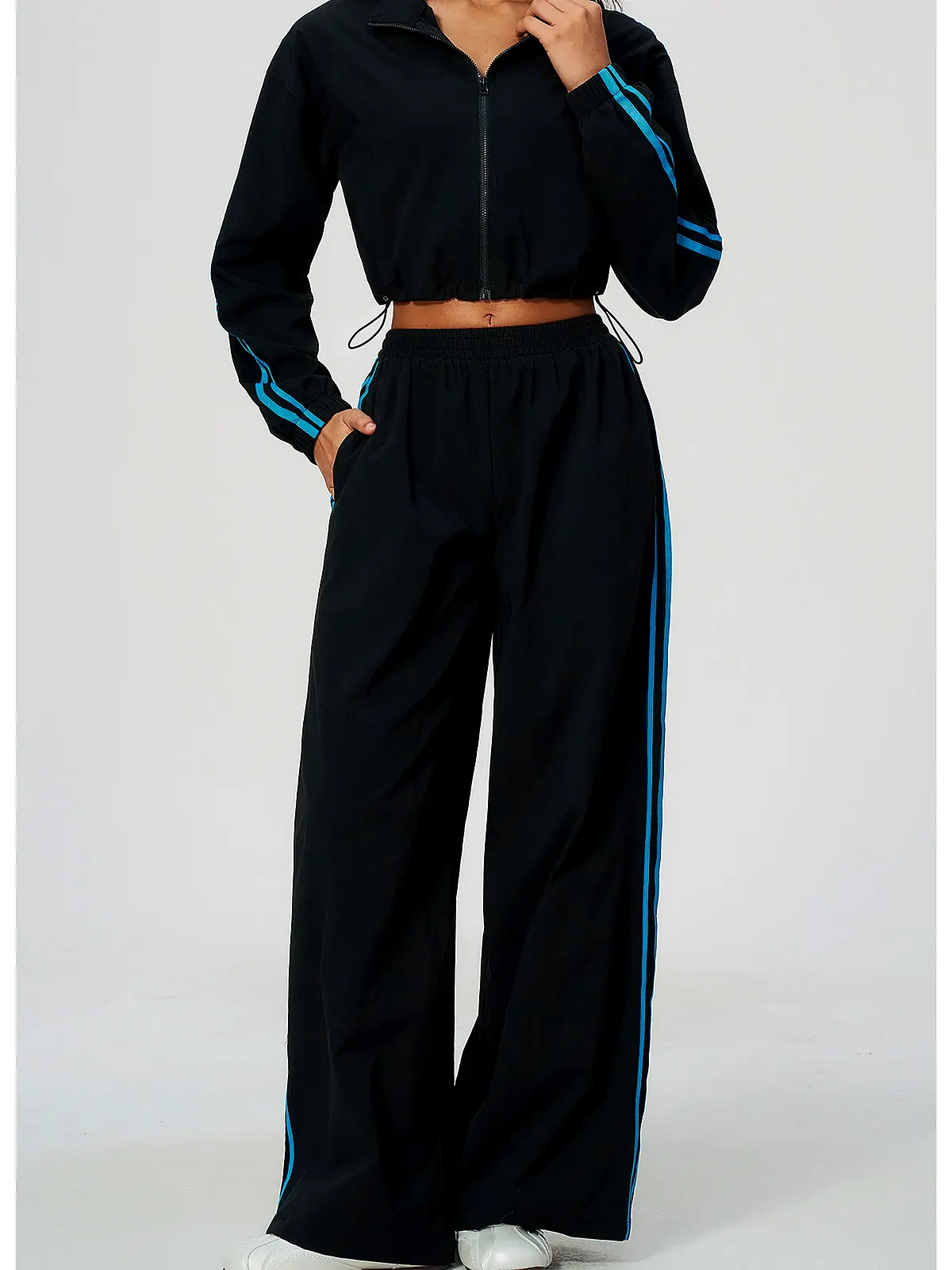 Contrast-Stripe Stand-Collar Wide-Leg Set — back seam construction
