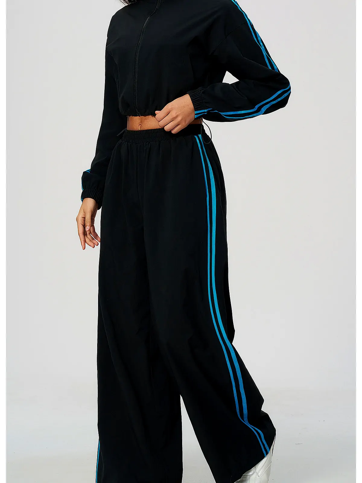 Contrast-Stripe Stand-Collar Wide-Leg Set — fabric close-up