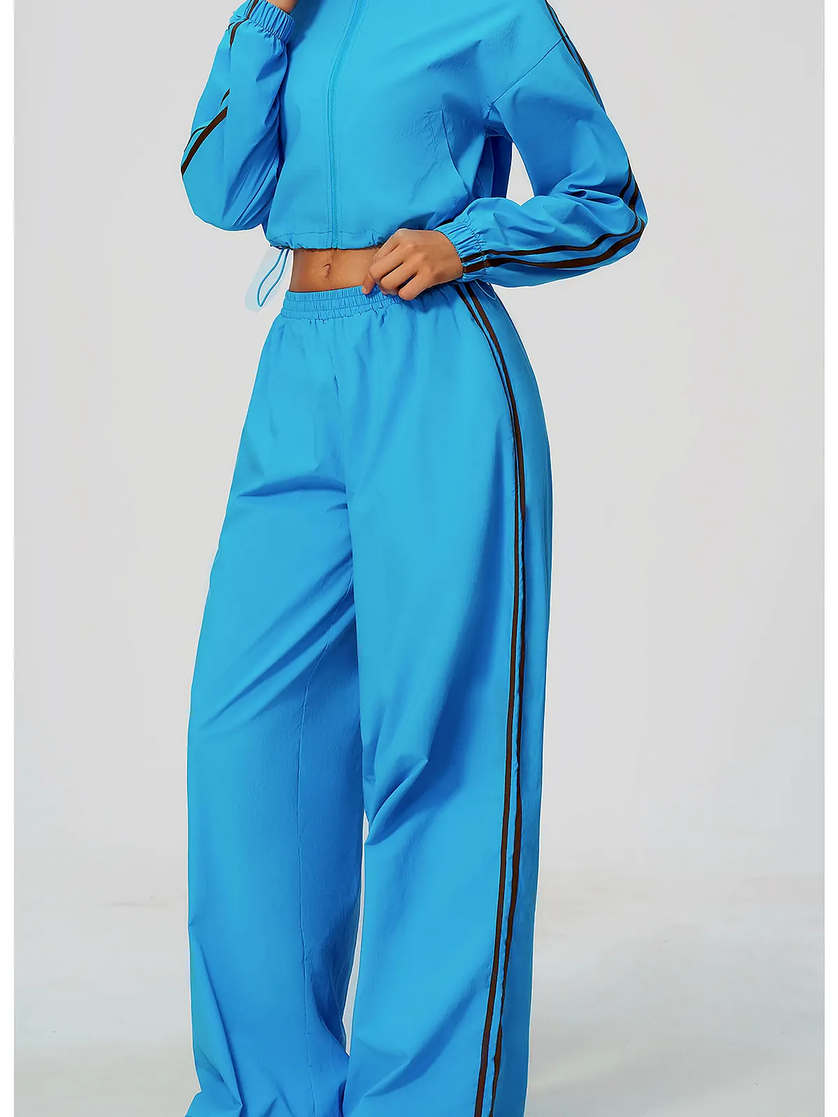 Contrast-Stripe Stand-Collar Wide-Leg Set — flatlock seam detail