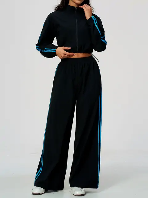 Contrast-Stripe Stand-Collar Wide-Leg Set in Premium Black — front view
