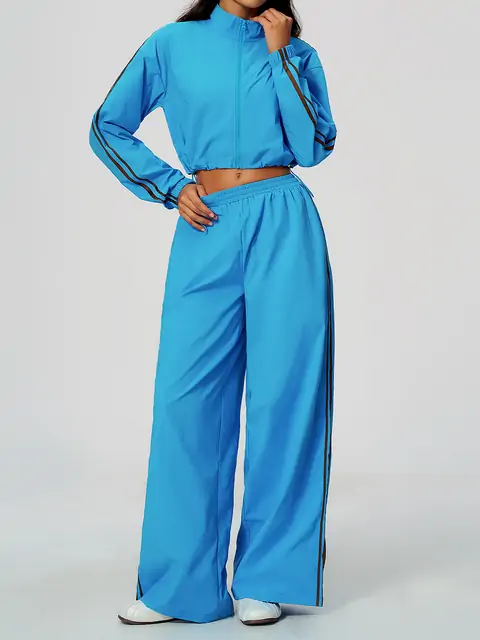 Contrast-Stripe Stand-Collar Wide-Leg Set in Sky Blue — front view