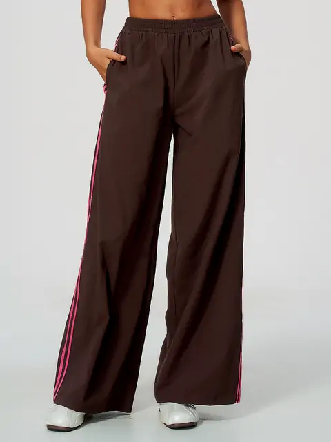 Contrast-Stripe Wide-Leg Track Pants in Dark Chocolate — front view