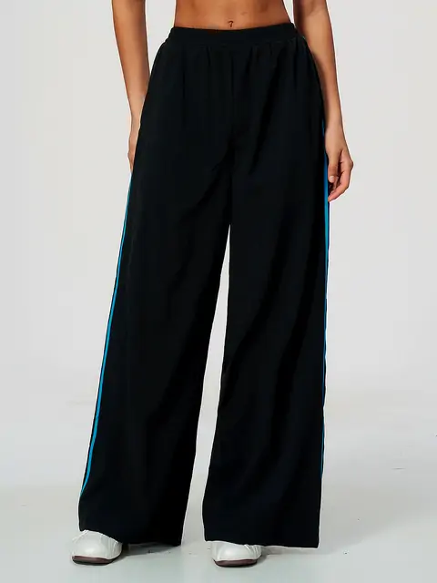 Contrast-Stripe Wide-Leg Track Pants in Premium Black — front view