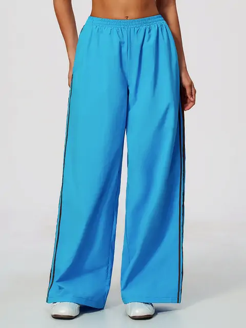 Contrast-Stripe Wide-Leg Track Pants in Sky Blue — front view