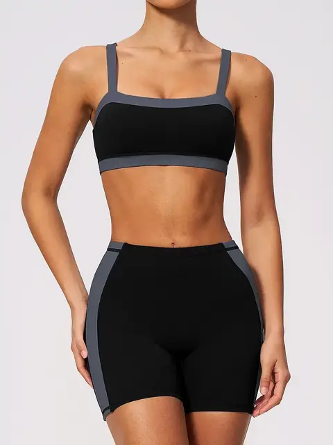 Summer Colour-Block slim yoga set in auburn front view