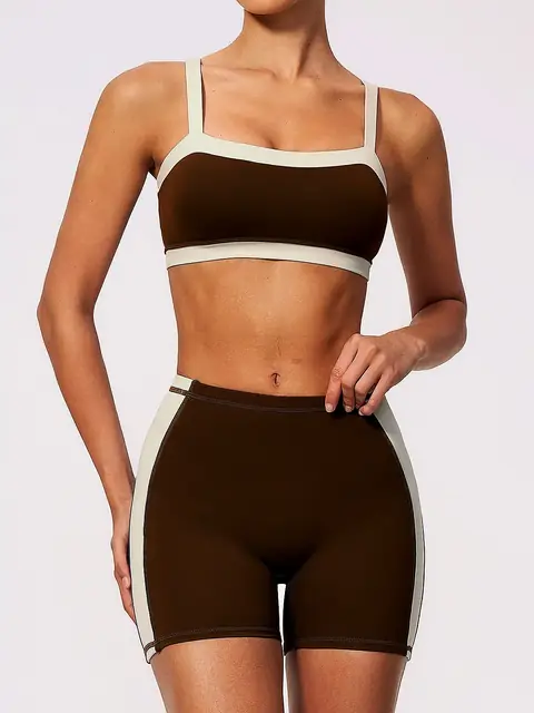 Summer Colour-Block slim yoga set in rust front view