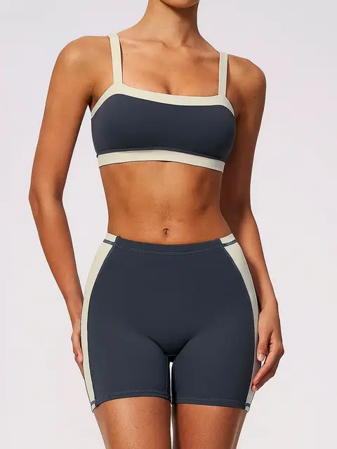 Summer Colour-Block slim yoga set in tea brown front view