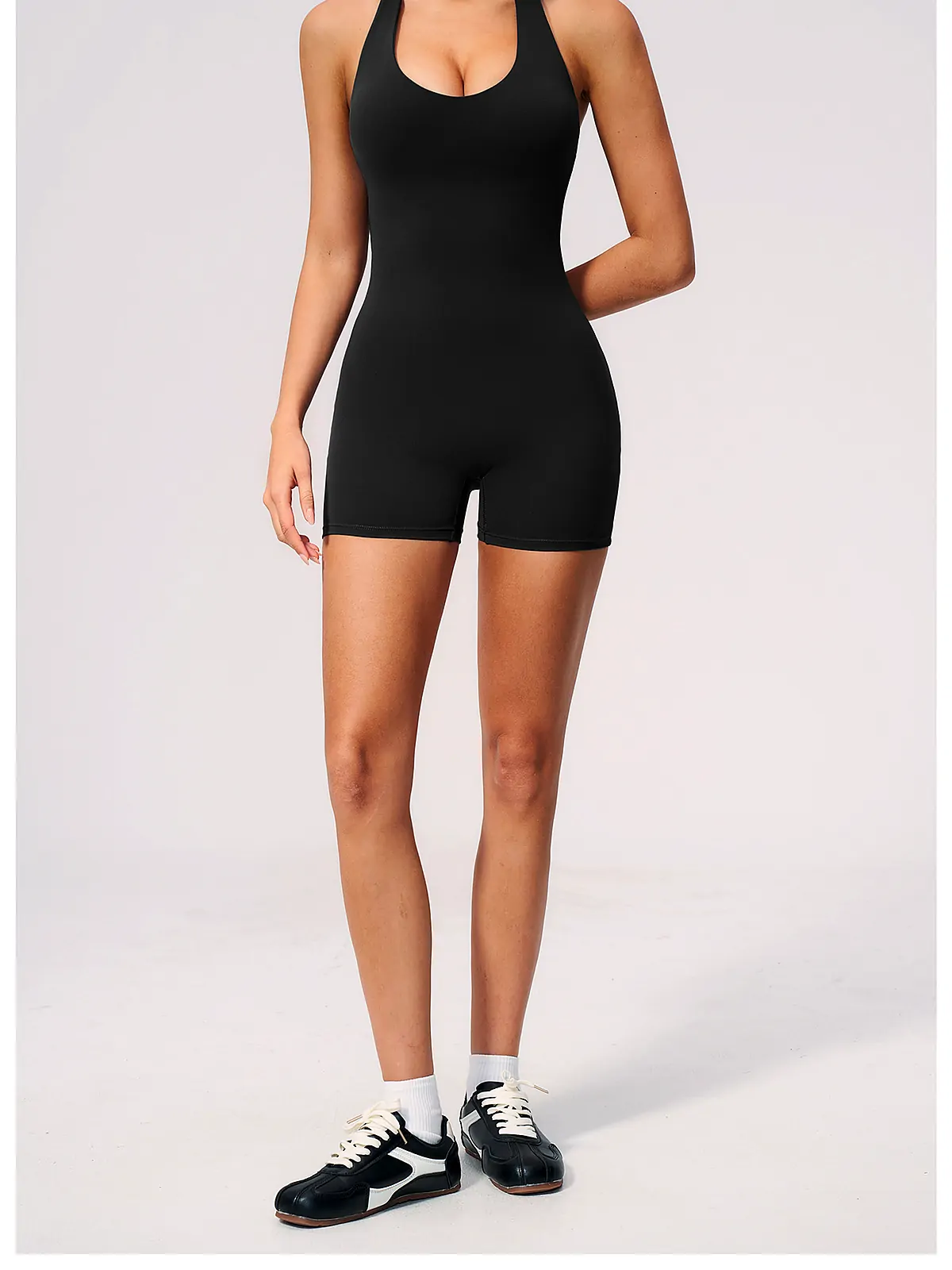 V-Neck Halter Backless Short Bodysuit — side panel detail