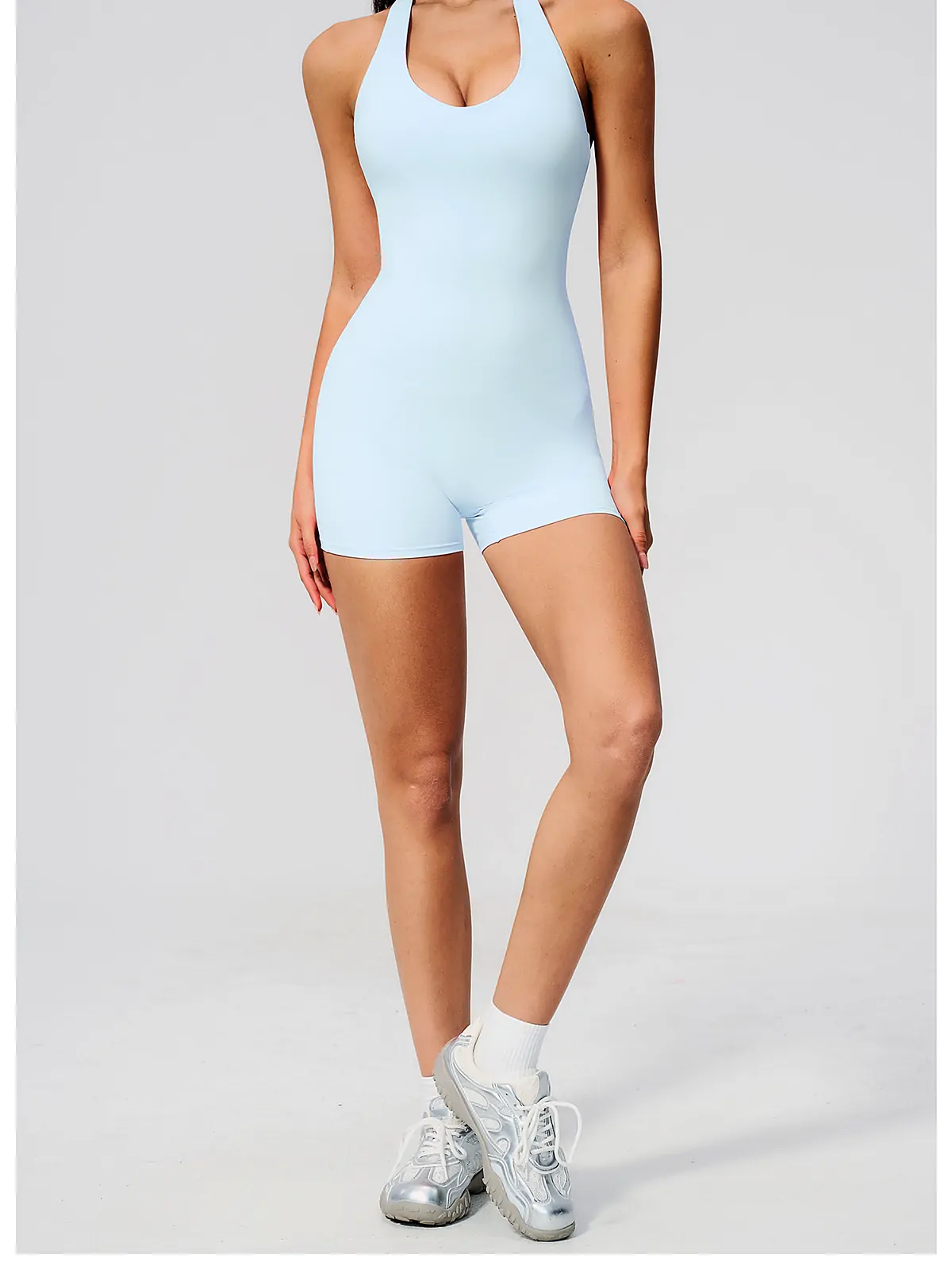 V-Neck Halter Backless Short Bodysuit — back seam construction