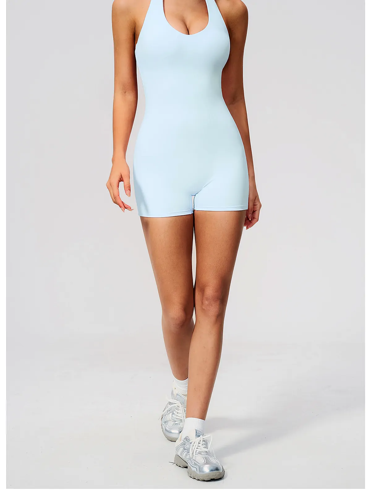 V-Neck Halter Backless Short Bodysuit — fabric close-up