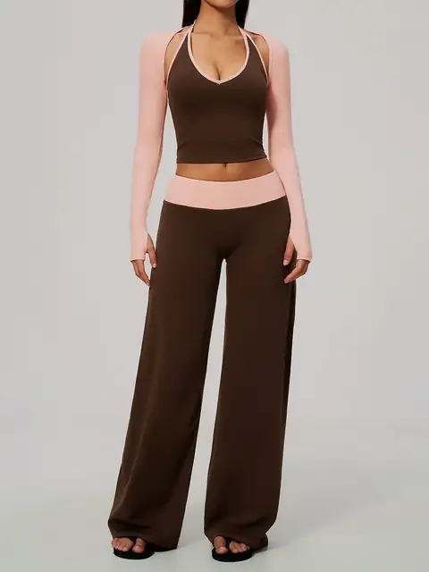V-Neck halter Three-Piece in mocha front view