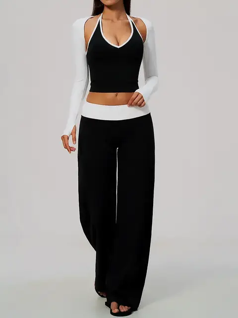 V-Neck halter Three-Piece in tea brown front view