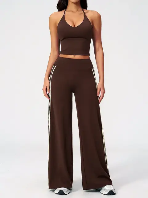 V-Neck Open-Back yoga set in auburn front view