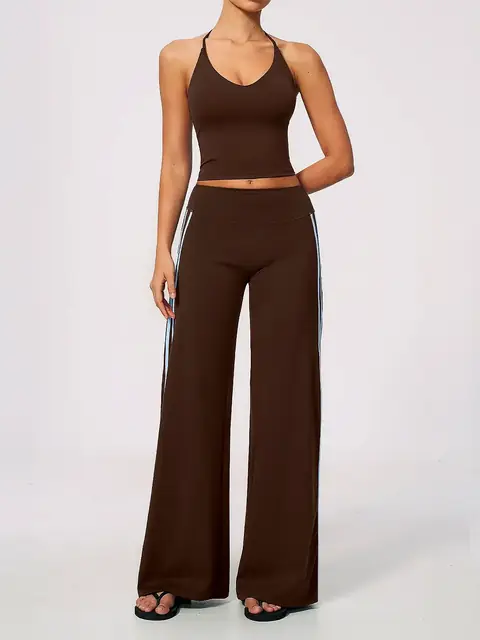 V-Neck Open-Back yoga set in coffee brown front view