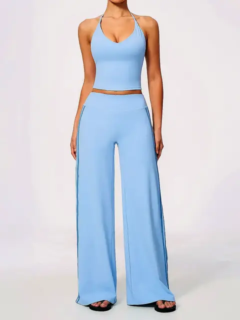 V-Neck Open-Back yoga set in mist blue front view