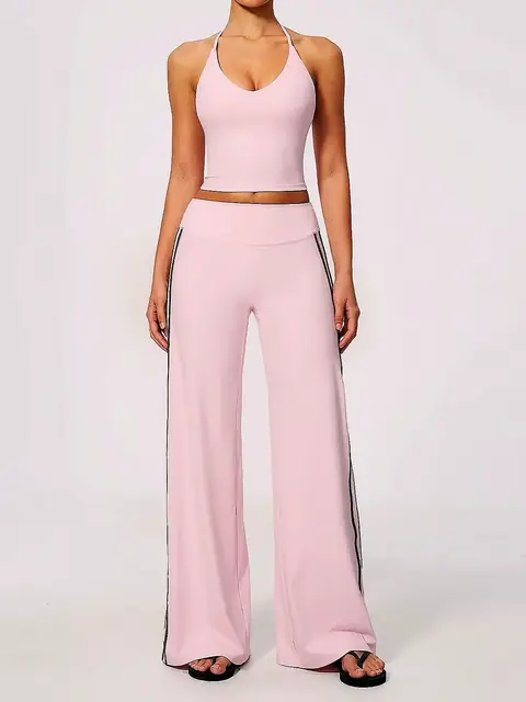 V-Neck Open-Back yoga set in peach pink front view