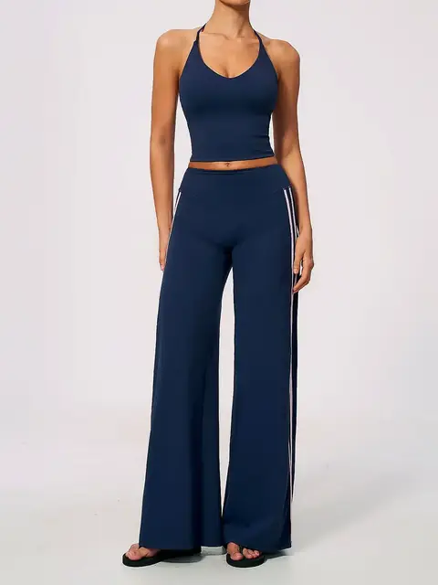 V-Neck Open-Back yoga set in premium black front view