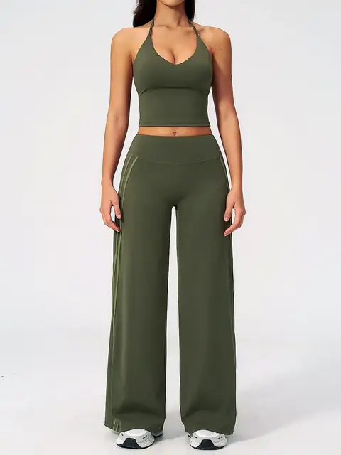 V-Neck Open-Back yoga set in tea brown front view