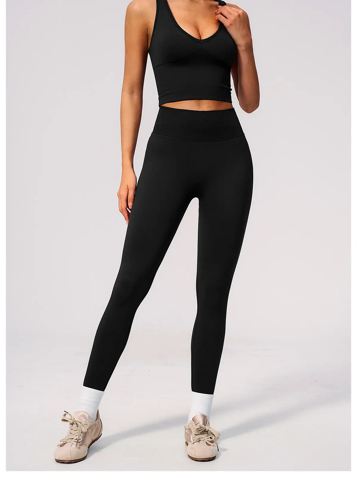 V-Neck Sculpt Yoga Tank — flatlock seam detail