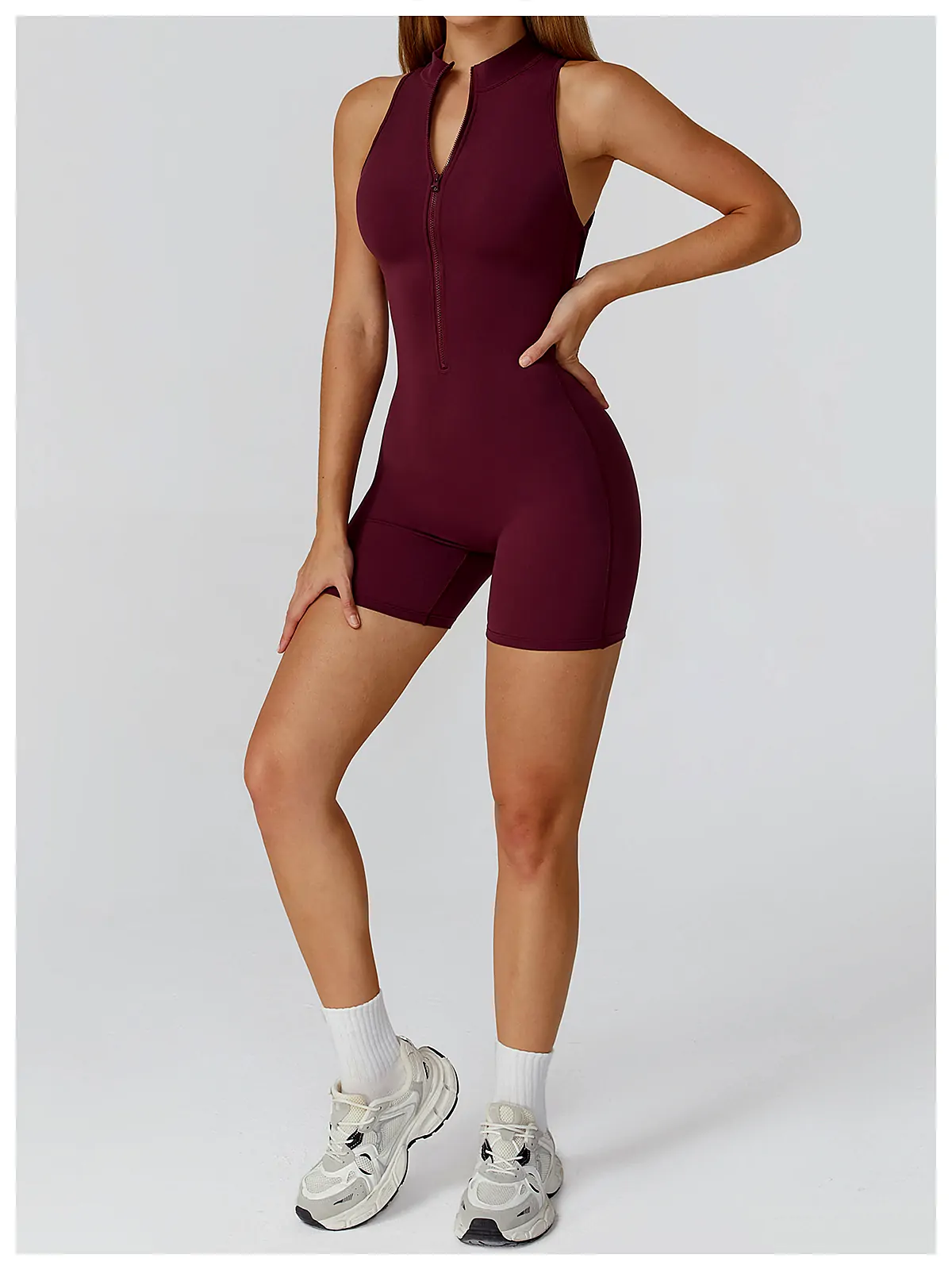 Zip-Back Naked-Feel Yoga Bodysuit — flatlock seam detail