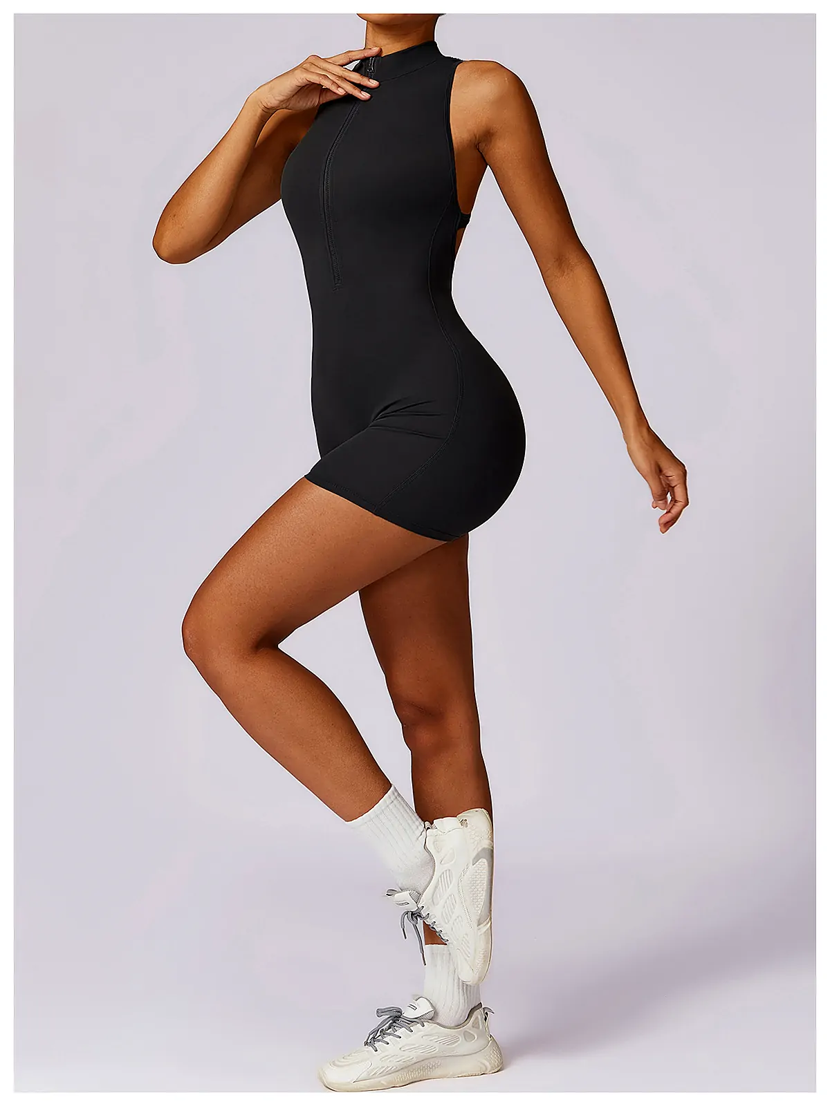 Zip-Back Naked-Feel Yoga Bodysuit — back seam construction