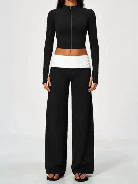 Zip-Collar flare yoga set in dark chocolate front view