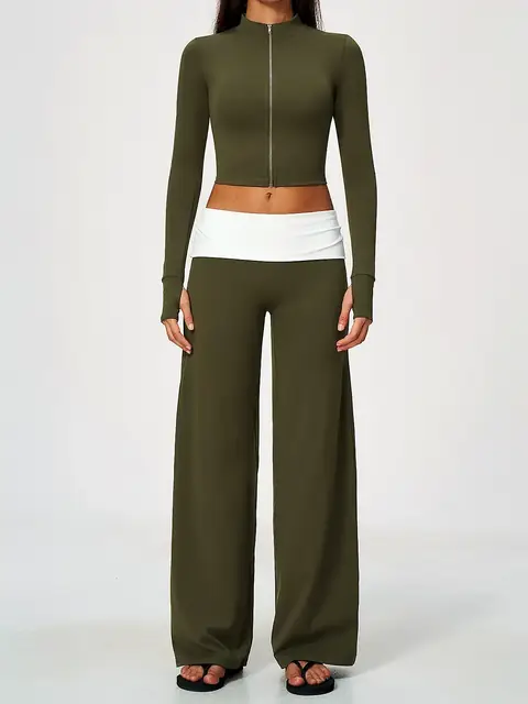 Zip-Collar flare yoga set in mocha front view