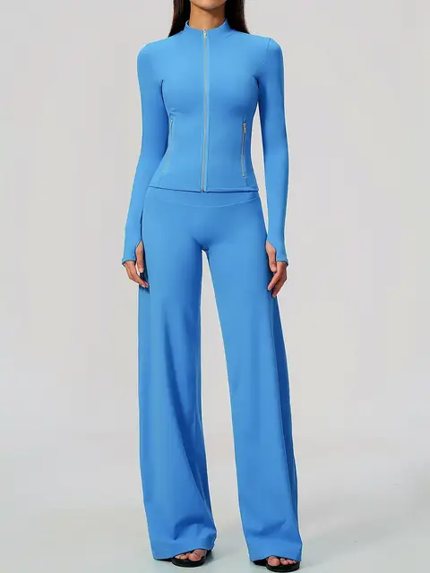 Zip jacket & Wide-Leg yoga set in coastal blue front view