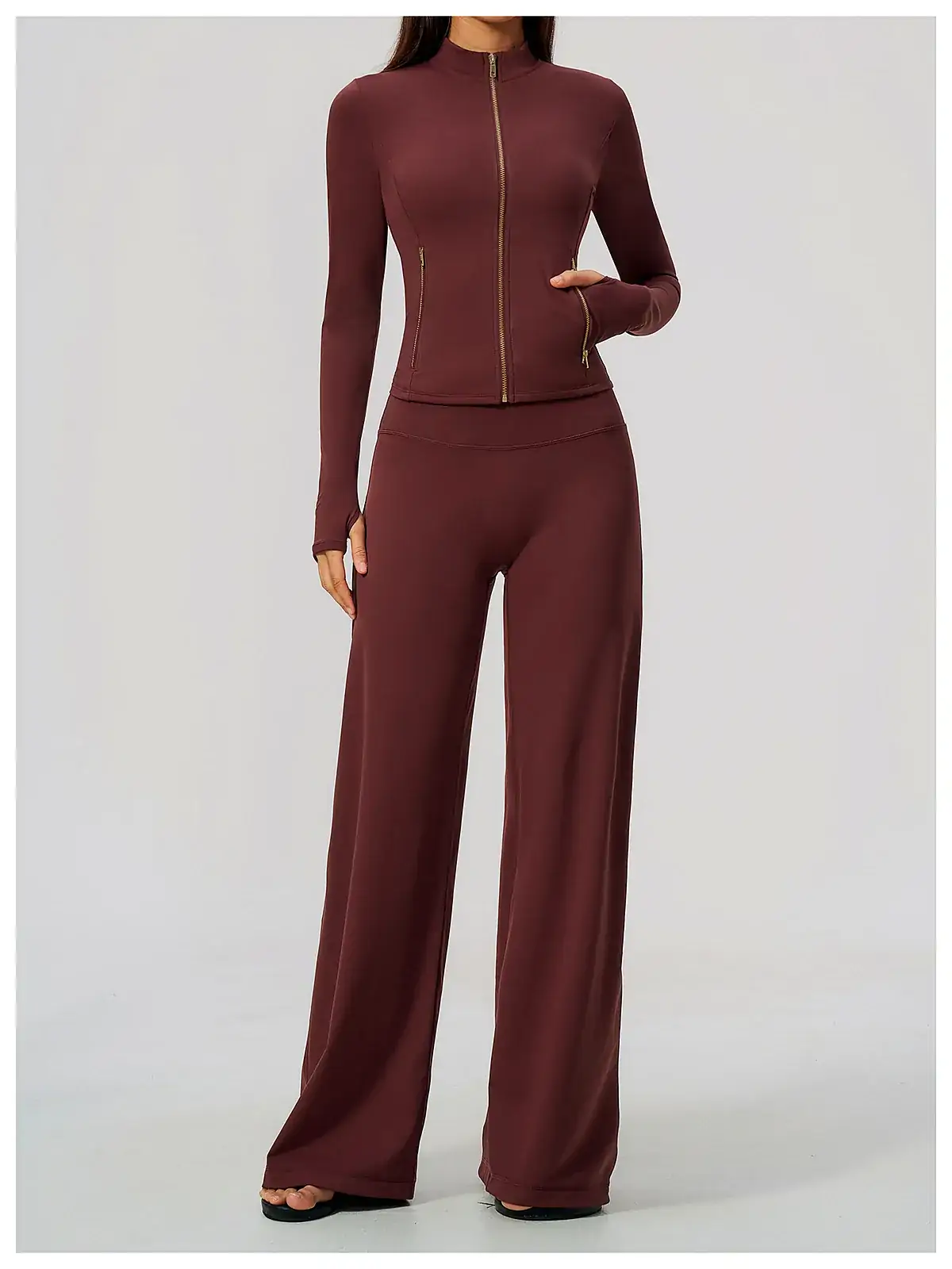 Zip jacket & Wide-Leg yoga set back seam construction