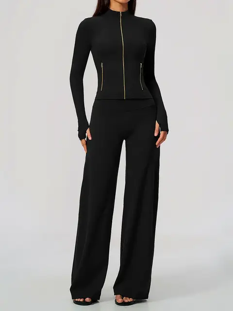 Zip jacket & Wide-Leg yoga set in premium black front view