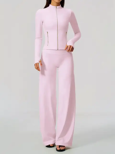Zip jacket & Wide-Leg yoga set in sakura pink front view