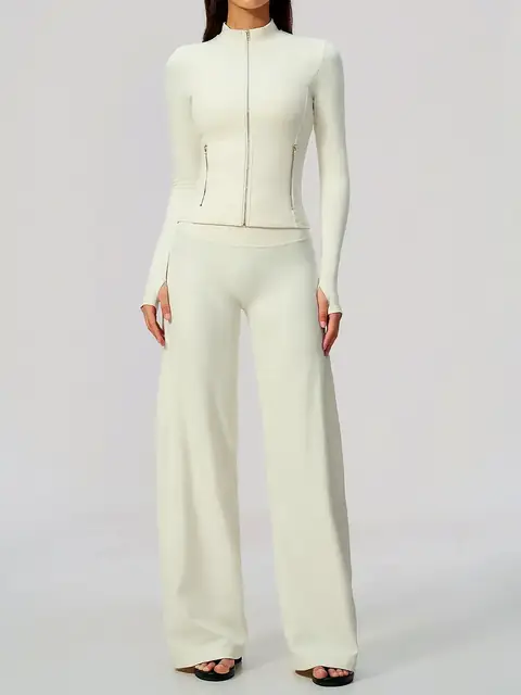 Zip jacket & Wide-Leg yoga set in swan white front view