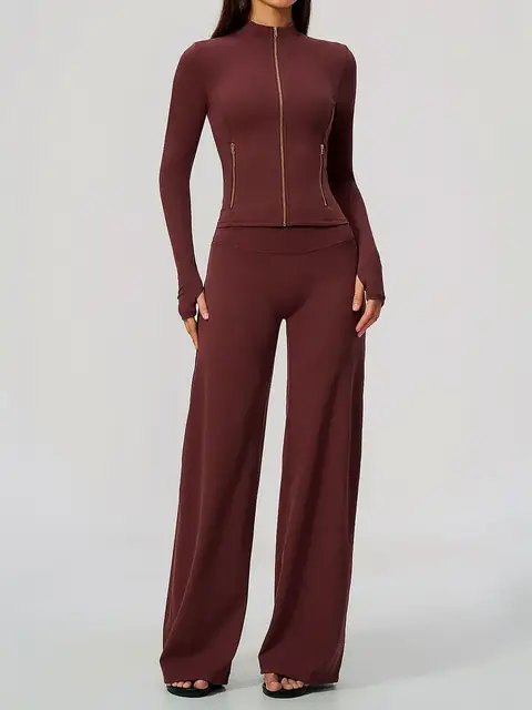 Zip jacket & Wide-Leg yoga set in wine red front view